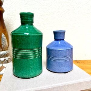 Pair Ethan Allen Rockdale Union RUS Green & Cobalt Blue Ceramic Stoneware Vases